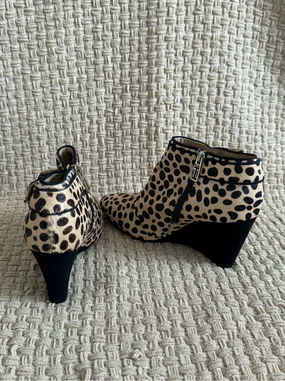 Isaac Mizrahi Black on Cream Leopard Spot Wedge Ankle Boots